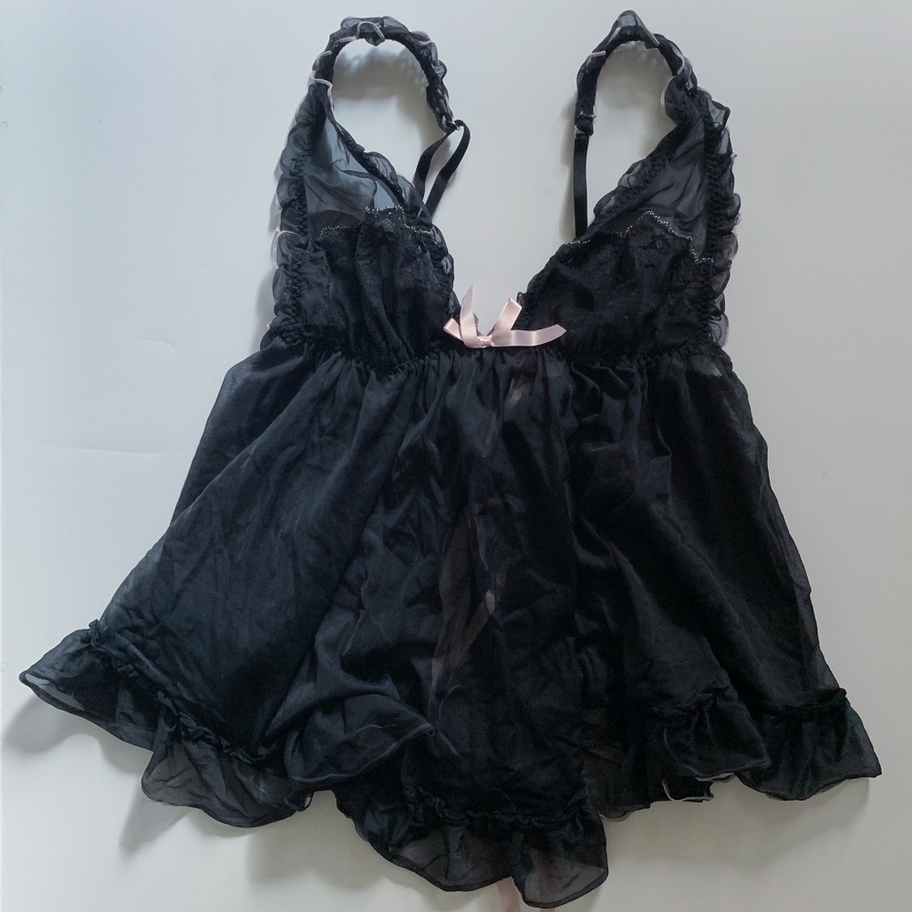 Victoria's Secret Black and Pink Lace Open-Back Babydoll Lingerie | Large
